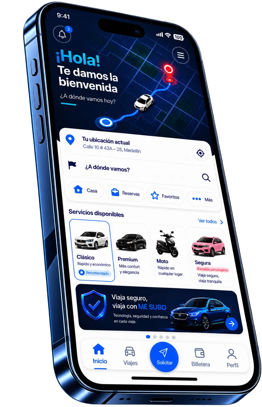 La app de Me Subo: pantalla de bienvenida con el mapa, los servicios disponibles y el menú inferior