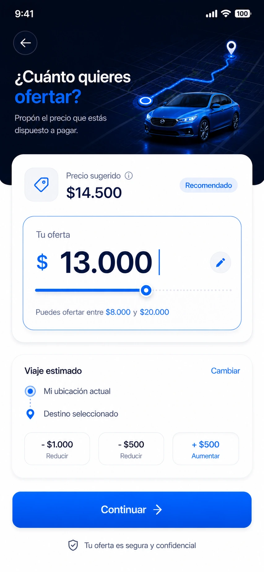 Pantalla para proponer el precio del viaje