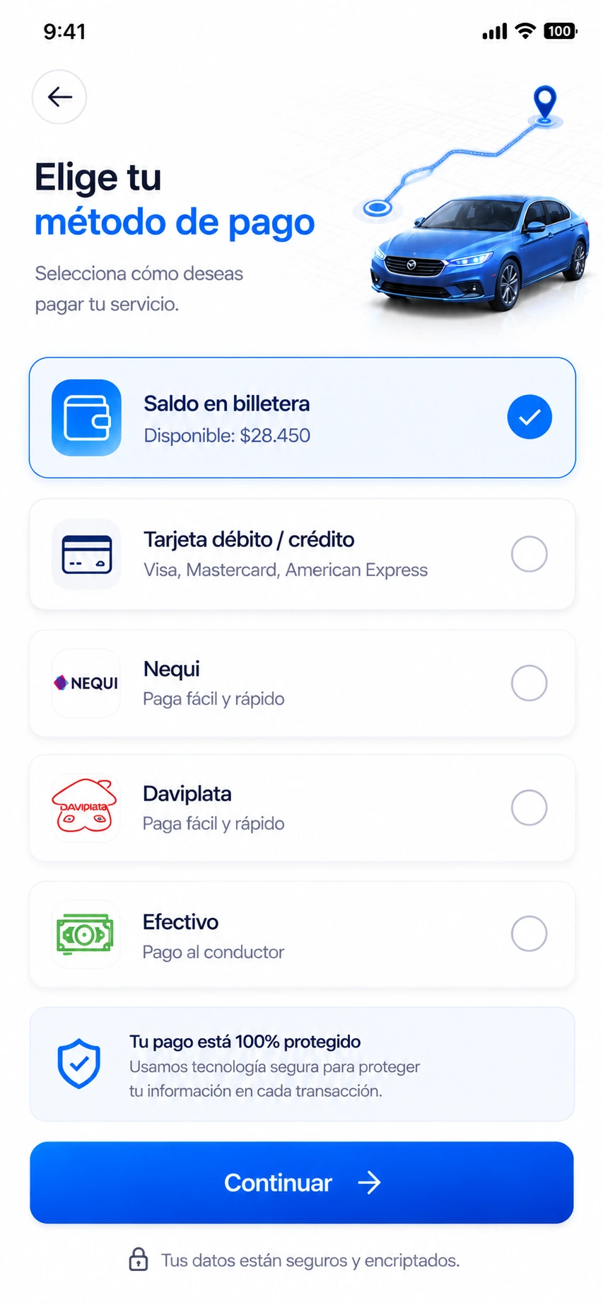 Pantalla para seleccionar el medio de pago