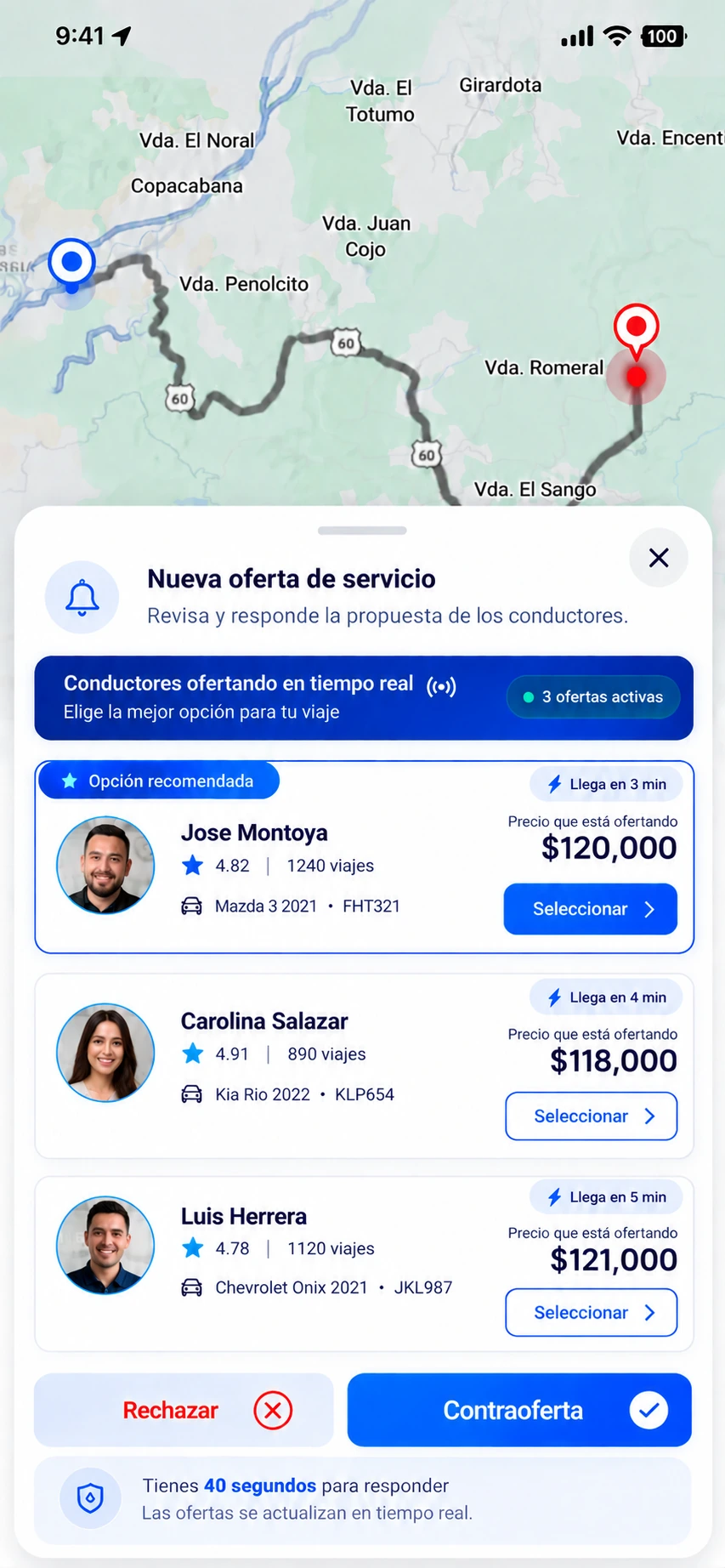 Pantalla con las ofertas de varios conductores para elegir