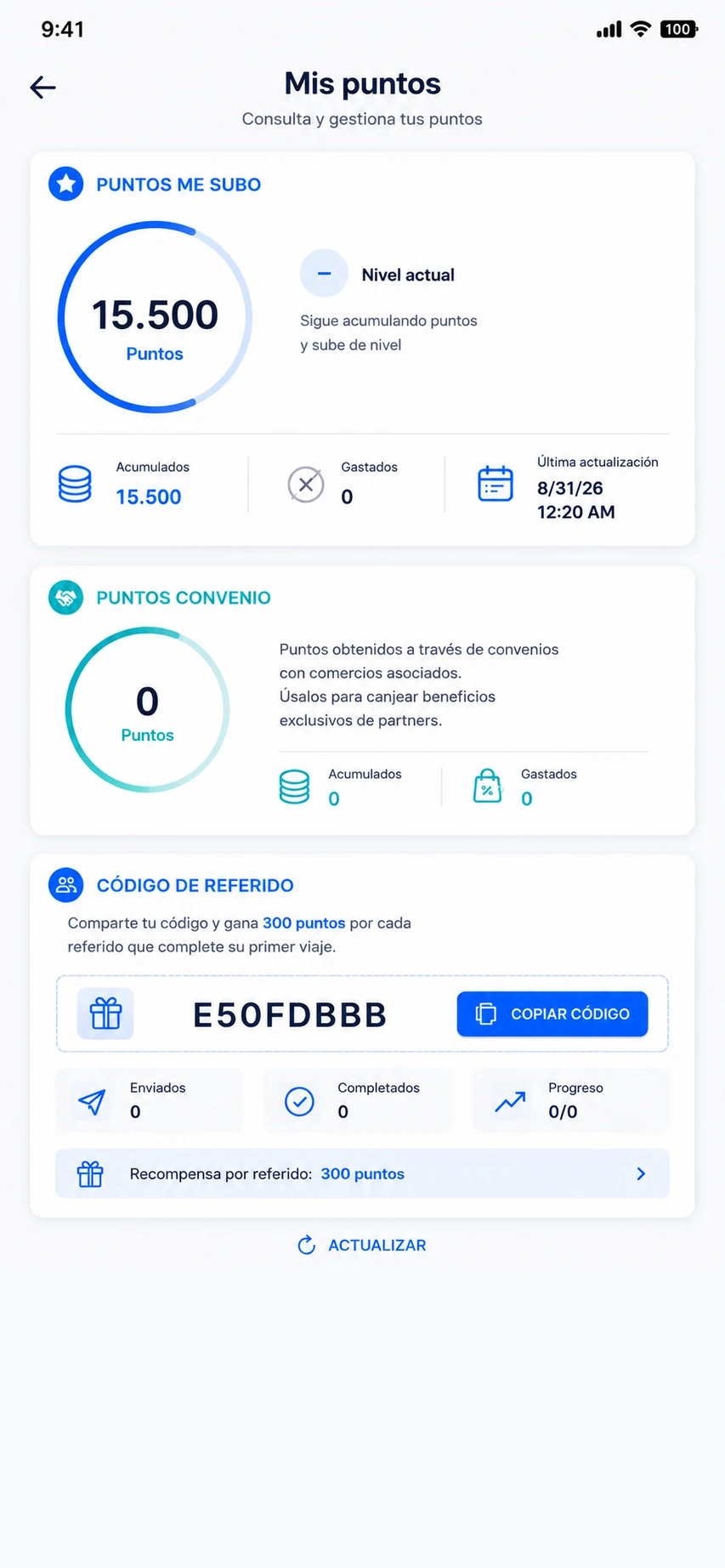 Pantalla de puntos acumulados